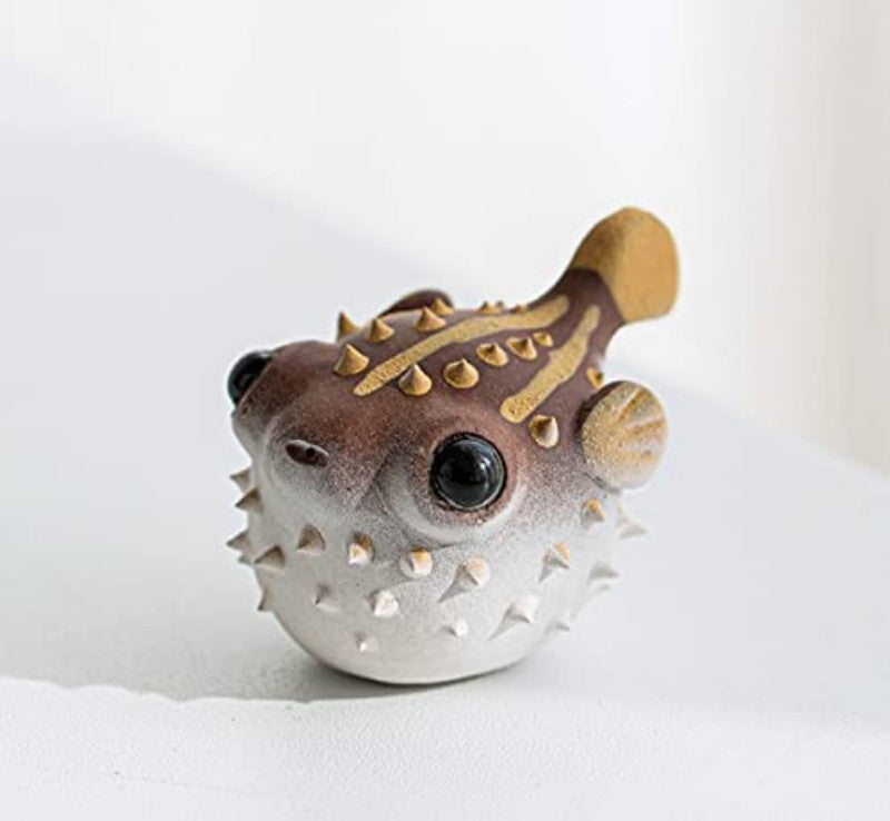 2.7" Purple Clay Tea Pet Puffer Fish Car Ornament Pure Handmade Statue for Tea