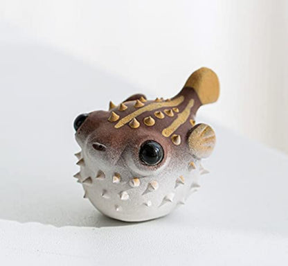 2.7" Purple Clay Tea Pet Puffer Fish Car Ornament Pure Handmade Statue for Tea