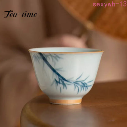 50ml Imitation Ancient Blue Ceramic Teacup Hand-painted Green Bamboo Master Cup