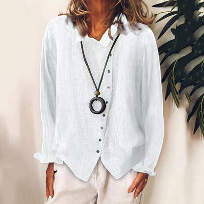 Women Cotton Linen Plain Blouse Tops Baggy Long Sleeve Casual Loose T-Shirt