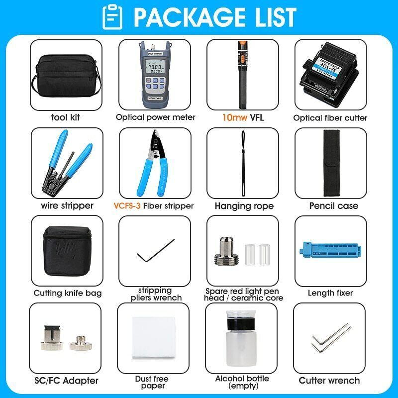 19pcs/set FTTH Fiber Tool Kit Fiber Cleaver Optic Power Meter Fiber Optic Kit