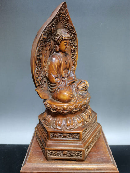 Chinese Natural Boxwood Handmade Exquisite Lotus Buddha Statue
