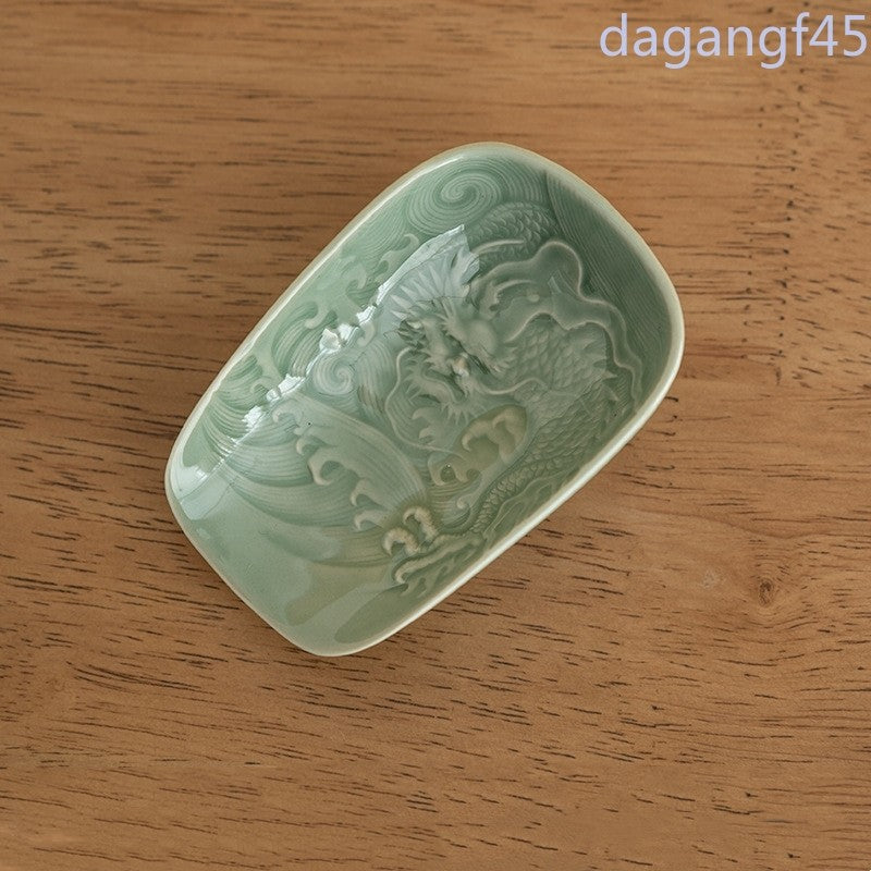 9.6cm Chinese Ceramic Handcarved Dragon Tea Spoon Auspicious Clouds Tea Shovel