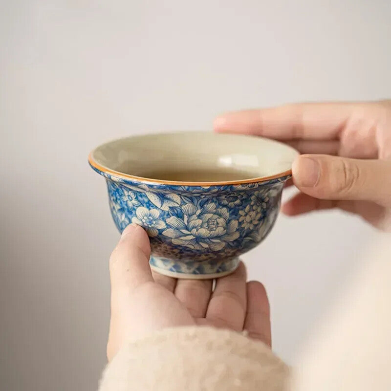1Pc Chinese Ru Kiln Blue and Flower Tea Cup Handmade Flowers Tea Bowl Teacup