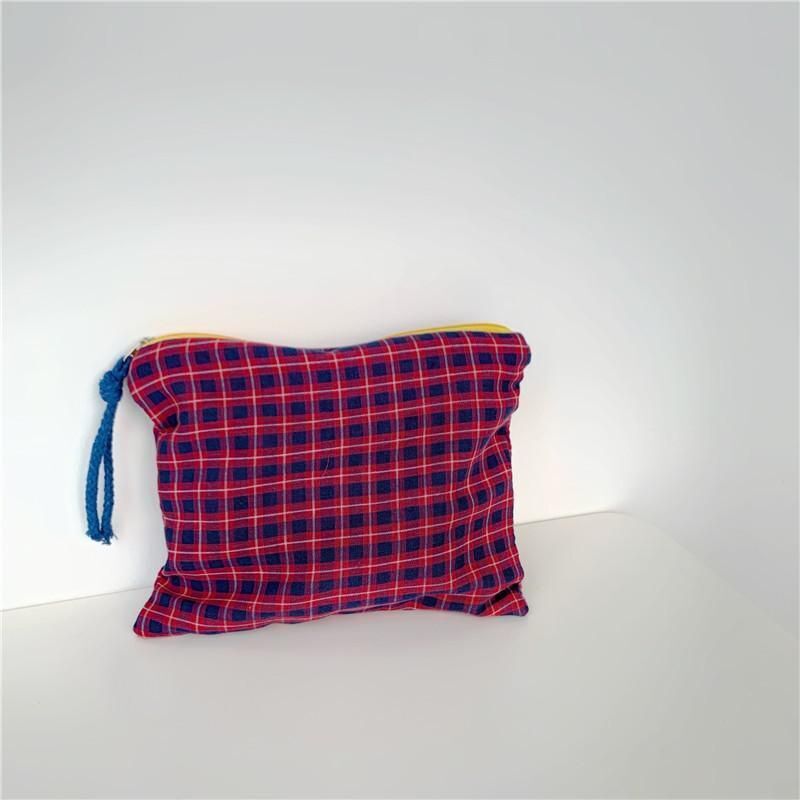 Plaid Cosmetic Bag Cotton Fabric Women Travel Makeup Zipper Pouch Wash Bag 22*17