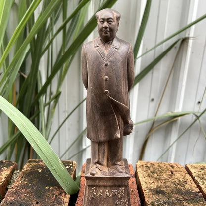 8" Natural Agarwood Carving Chinese Chairman Mao Statue Home Office Lucky Decor