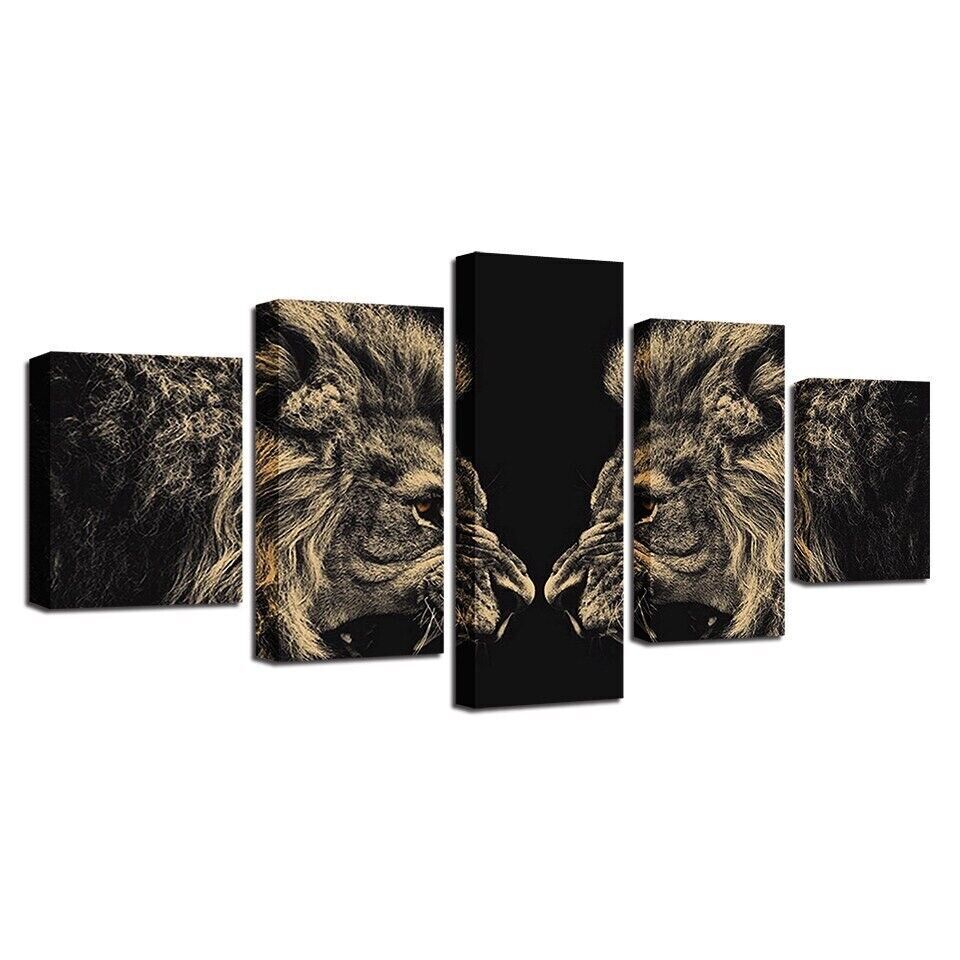 Roaring Lion Reflection 5 Panel Canvas Print Wall Art Poster Home Decoration