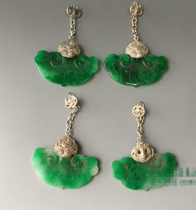 Chinese Antique Silver Inlaid Jade Earrings Chinese Jade Earrings Jewels