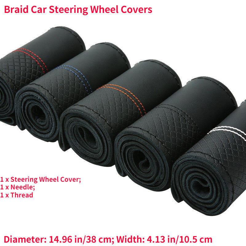 1X Braid Car Steering Wheel Covers Cowhide Genuine Leather Auto Accessories
