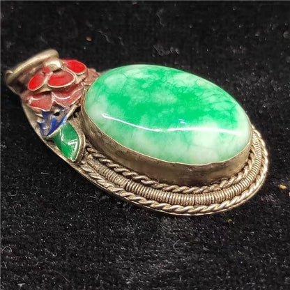 Enamel Alloy Inlaid Jade Stone Pendant Retro Flower Jewelry Decor