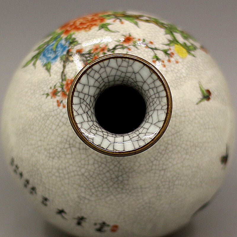 6.3" Collect Chinese Qing Famille Rose Porcelain Tree Peony Animal Chook Vase