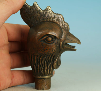 Asian Chinese Old Bronze Handmade Carved Cock Collect Statue Walking Stick Head