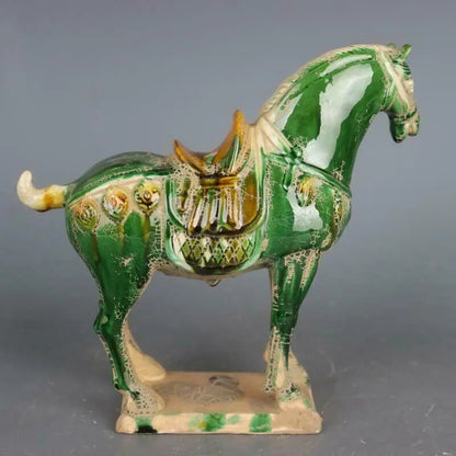 Chinese Imitation of Ancient Tang Three-color Green War Horse Porcelain Statue