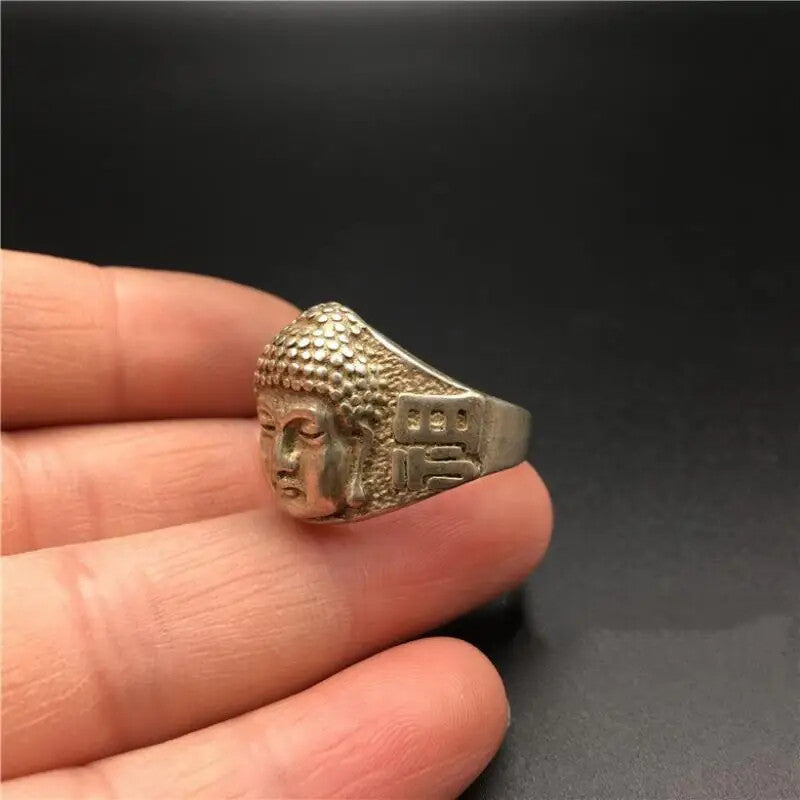 Old Chinese Miao Silver Shakyamuni Amitabha Buddha Head Ring Buddhism Statue