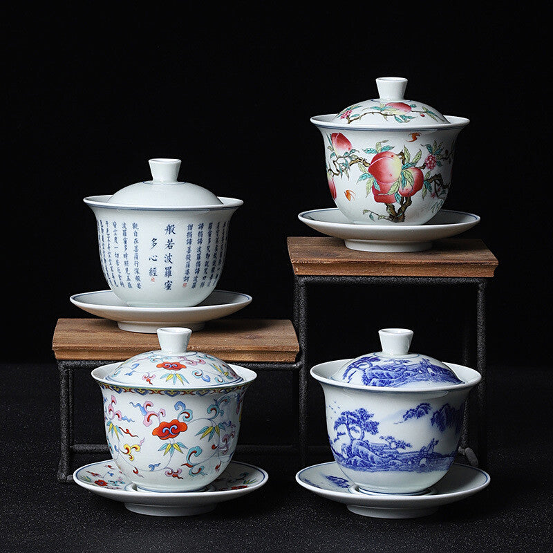Porcelain Gaiwan Under Glaze Handpainted Tureen Ceramic Covered Bowl Saucer Lid