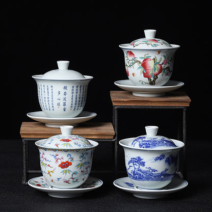 Porcelain Gaiwan Under Glaze Handpainted Tureen Ceramic Covered Bowl Saucer Lid