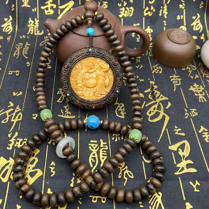 Natural Grade A Agarwood Hand Carving Maitreya Buddha Pendant Necklace Beads