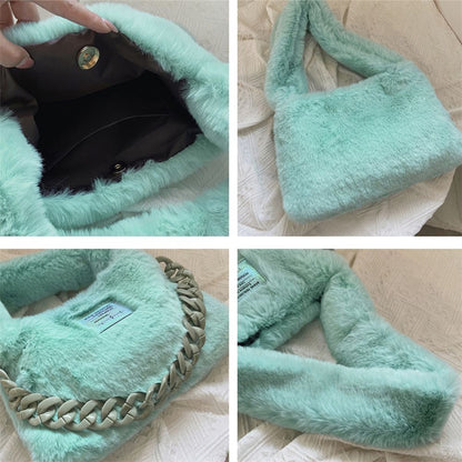 Faux Fur Plush Shoulder Bags Winter Furry Soft Tote Handbags Pink Purple Purse