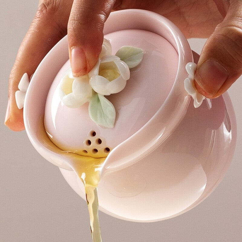 Chinese Tea Pot Matching Tea Cup Floral Handmade Relief Holiday Gift Ceramic Pot