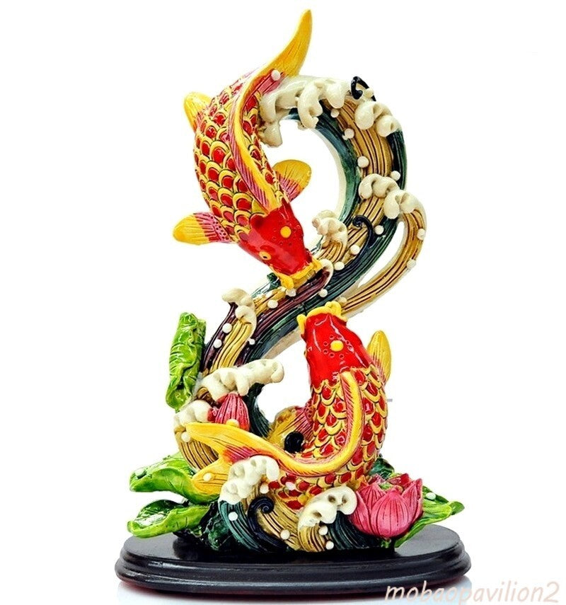 Carp Fish Statue Swimming Lotus Water Feng Shui Luck Home Decor
