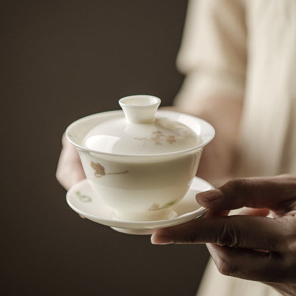 Thin Glaze Porcelain Gaiwan Sancai Bowl Ceramic Tureen Saucer Lid Handmade Craft