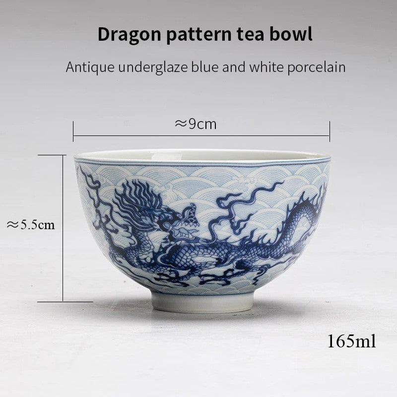 165ml Chinese Blue-and-White Porcelain KungFu Tea Bowl Dragon Pattern Teaware
