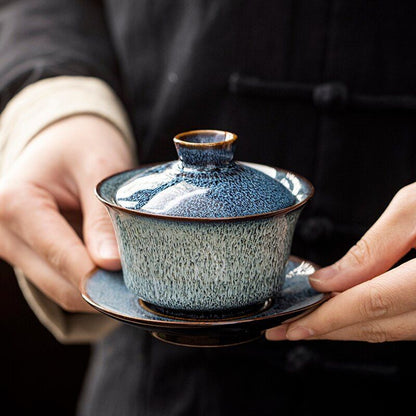 Handmade Ceramic Blue Gaiwan Pigmented Pottery Tea Maker Accessory Drinkware New