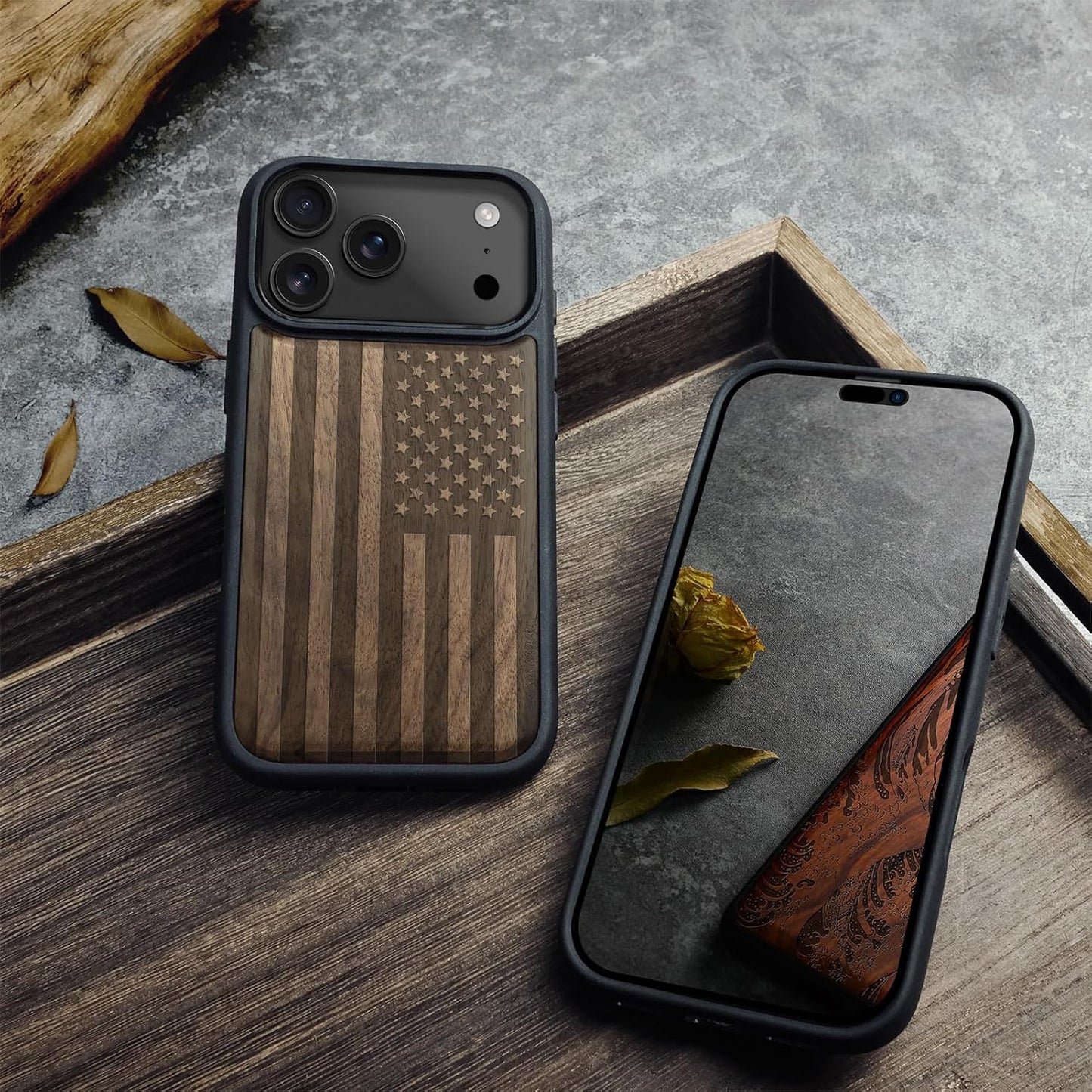 Magnetic Wooden Case for Iphone 17 Pro Max Case, Wood Artisan Engraved & Black S