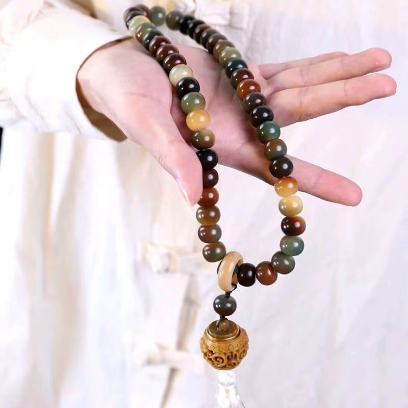 Dunhuang Flying Apsara White Jade Bodhi Mala Bracelet Prayer Beads