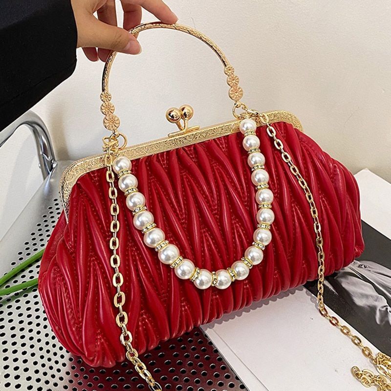 Orange Green Shoulder Bag Clutch Pearl Chain Bags Tote Synthetic Leather Handbag