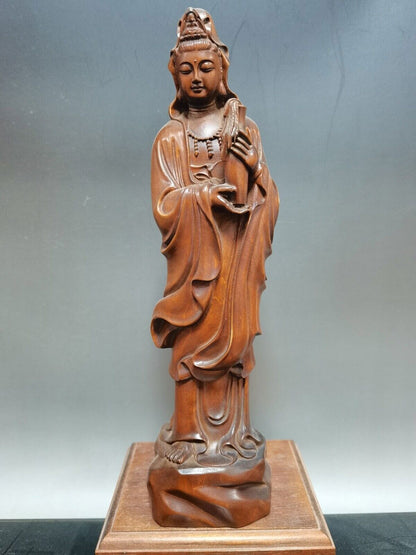Chinese Antique Boxwood Carved Exquisite Guanyin Statue Home Decor Sculpture Art