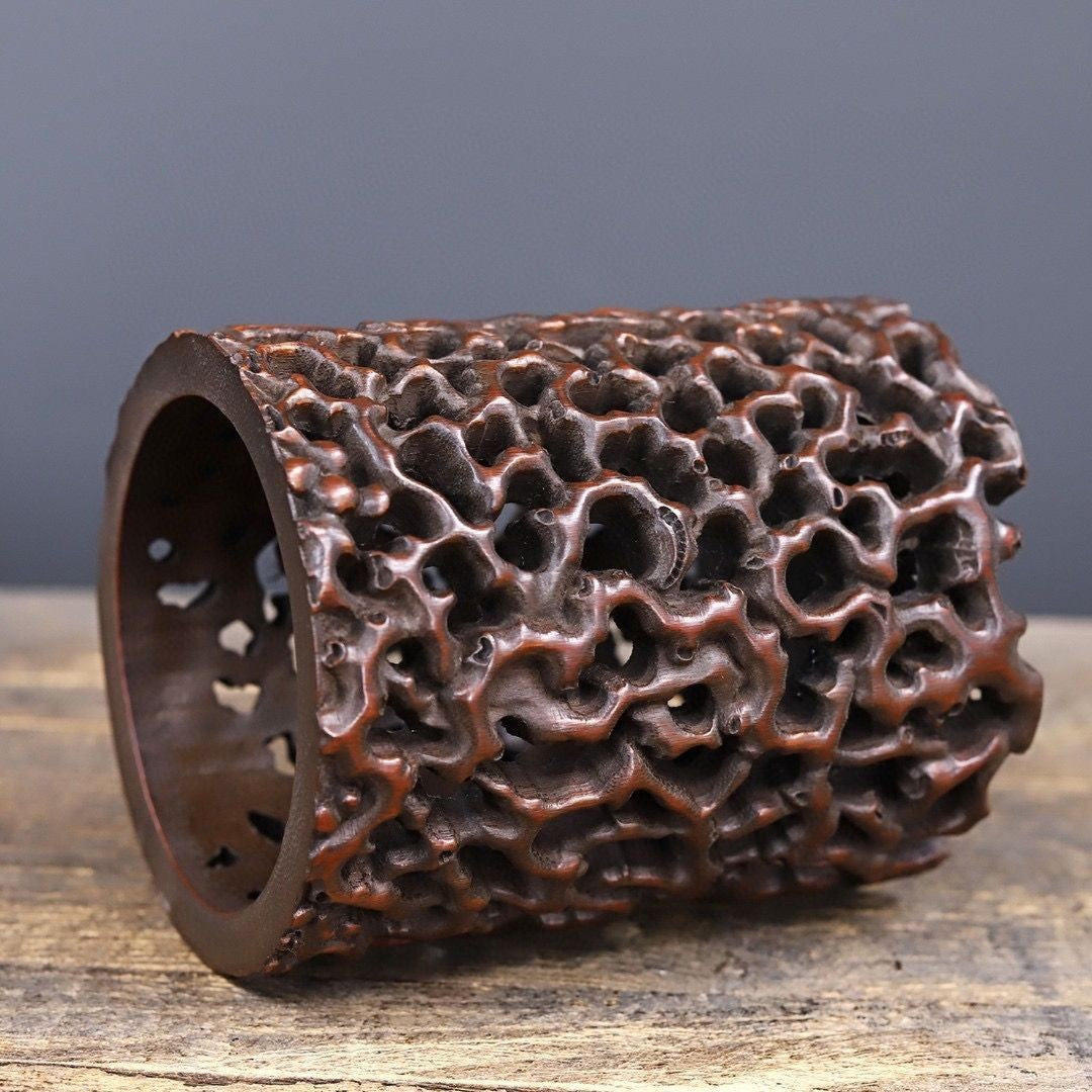 Vintage Hand-Carved Bamboo Openwork Brush Pot, 12x16cm