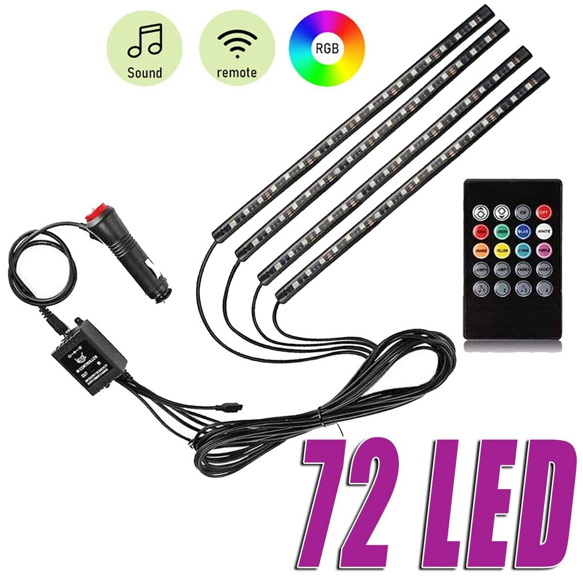 Car RGB Strip Interior Atmosphere Neon Lamp 72 LED Light Remote Control For Car