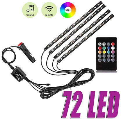 Car RGB Strip Interior Atmosphere Neon Lamp 72 LED Light Remote Control For Car