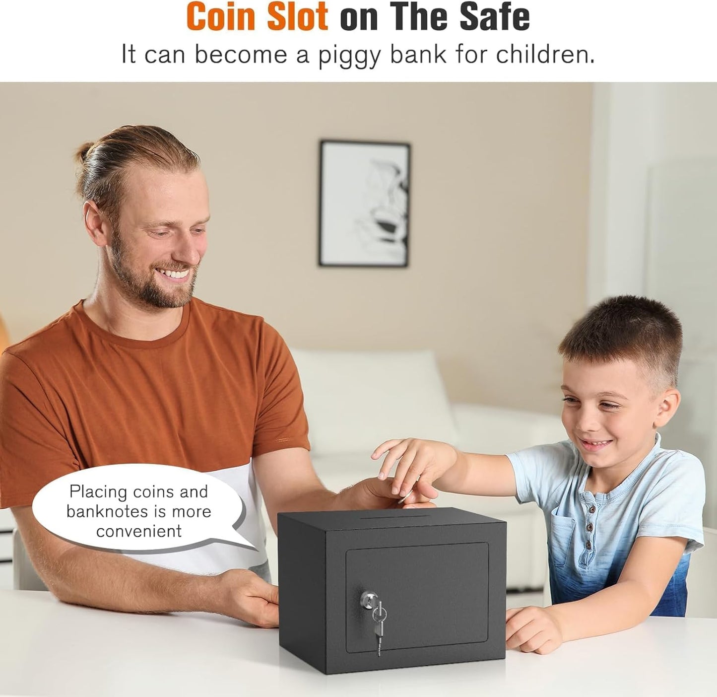 Small Safe Box with Key Lock,Mini Safe for Money with Coin Slot，Steel Security D