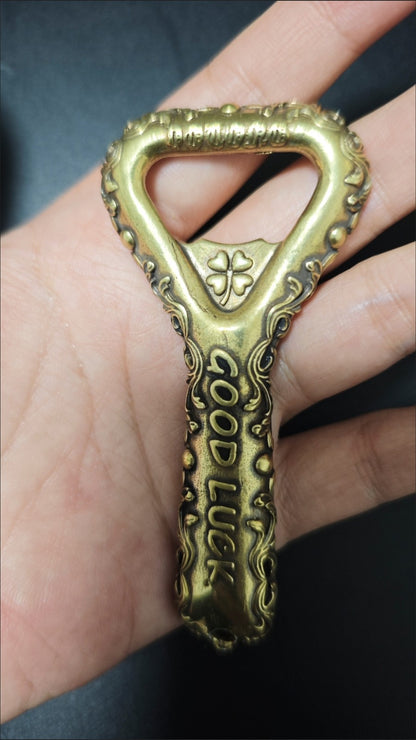 Vintage Brass Beer Bottle Opener Carved Good Luck Copper Opener