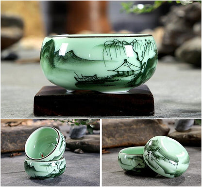 Longquan Celadon Kungfu Tea Set Handpainted Underglaze Tea Pot Fish Carved Cups