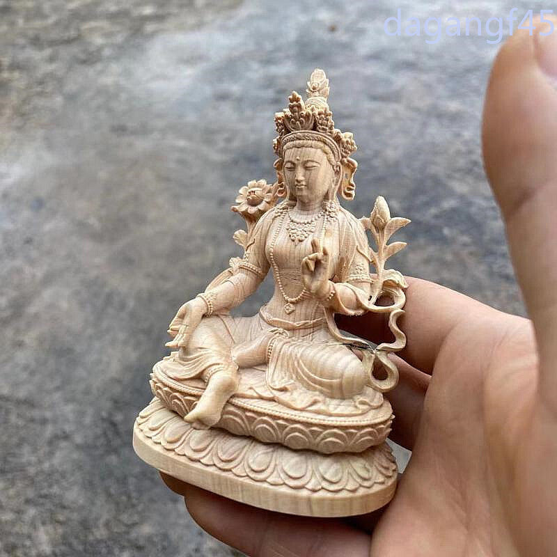 10.8*7.3*5.3cm Handmade Buddhist Boxwod Tara Buddha Carving Collect Wealth