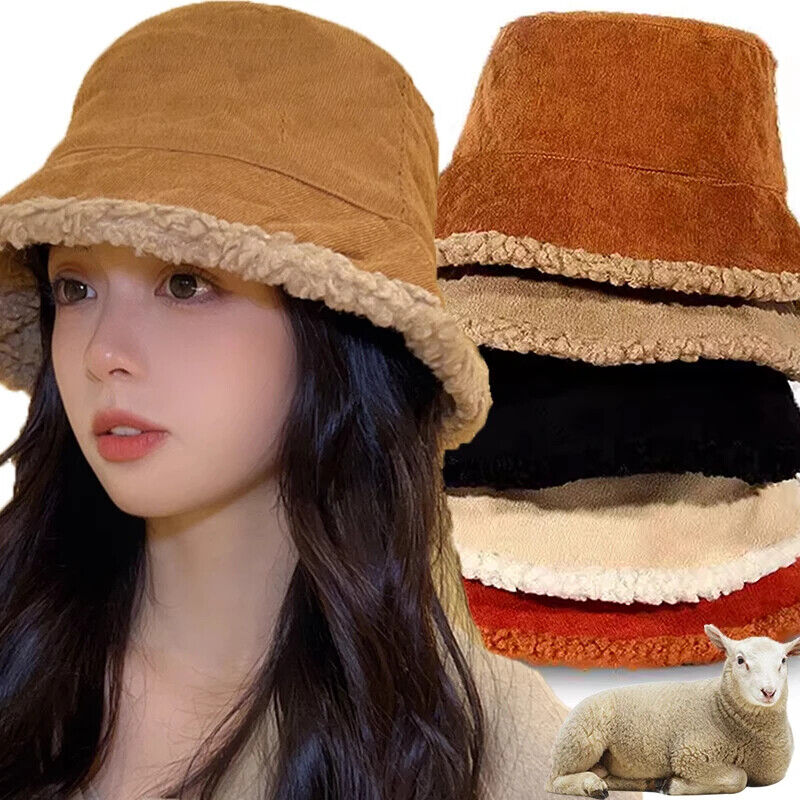 Women Winter Bucket Hat Warming Panama Cap Lady Fluffy Corduroy Double-Side Wear