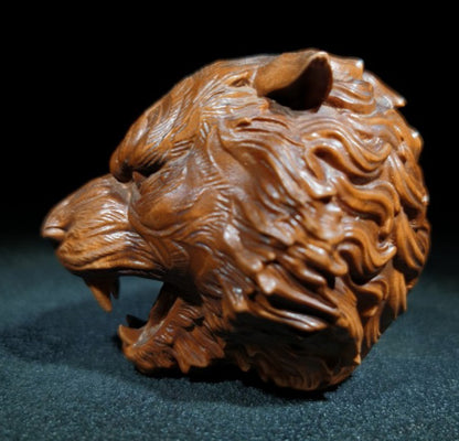 Old Chinese Boxwood Wood Hand Carving Carved Tiger head Statues