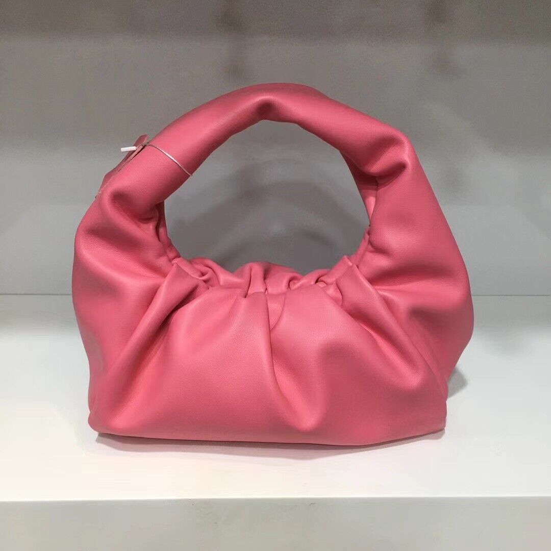 Small Mini Real Leather Ruched Tote Pouch bag Purse Clutch Clip on Top Handle