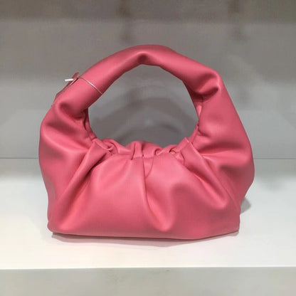 Small Mini Real Leather Ruched Tote Pouch bag Purse Clutch Clip on Top Handle