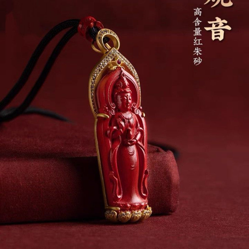 Buddhist Cinnabar Pendant Guanyin Bodhisattva Necklace Pendant Talisman