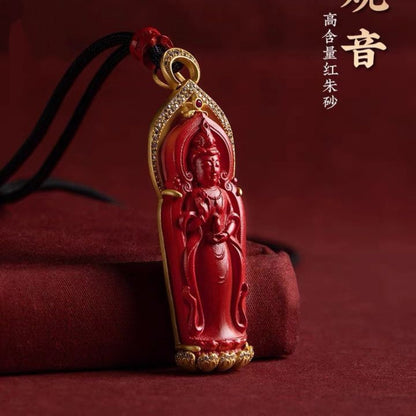 Buddhist Cinnabar Pendant Guanyin Bodhisattva Necklace Pendant Talisman