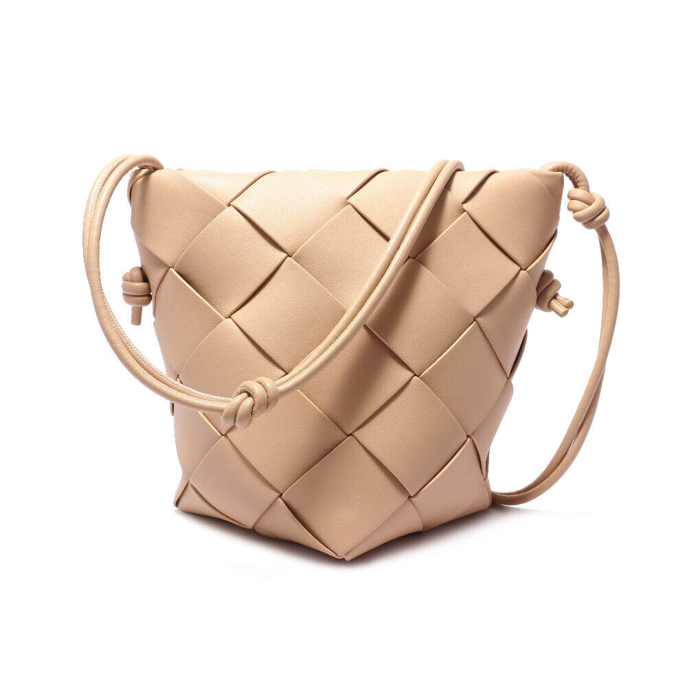 Woven Real Leather Bucket Basket Shoulder Bag Clutch Purse Tote Crossbody Women