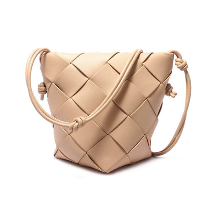 Woven Real Leather Bucket Basket Shoulder Bag Clutch Purse Tote Crossbody Women