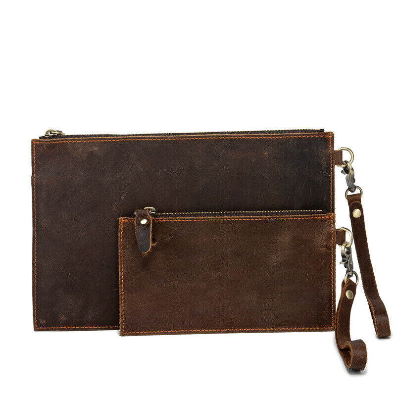 Handmade Crazy Horse Leather Men's Slim Zipper Wallets Clutch Envelope Bag