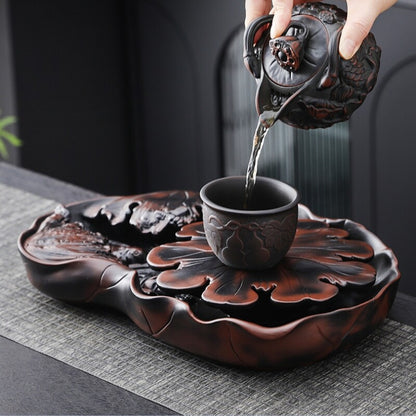 Ceramic Tea Tray Water Reservoir Holder For Tea Set Lotus Design Purple Pottery