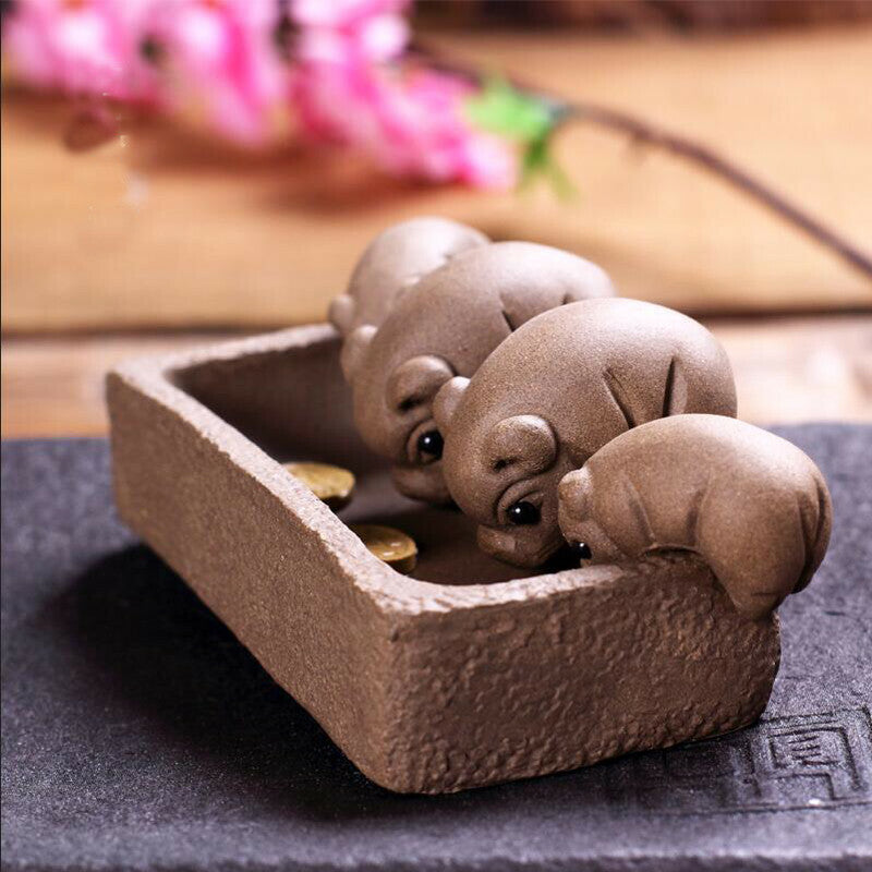1Pc Yixing Handmade Tea Pet Purple Clay Four Only Pig Drink Water Tea Decoration