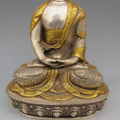 China Old Sakyamuni Buddha Silver Gilt Handwork Tibetan Buddhism Statue Supplies